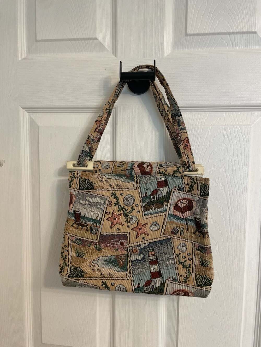 Vintage Toby Weston Nautical Lighthouse Tapestry Tote Bag with Wood Handles